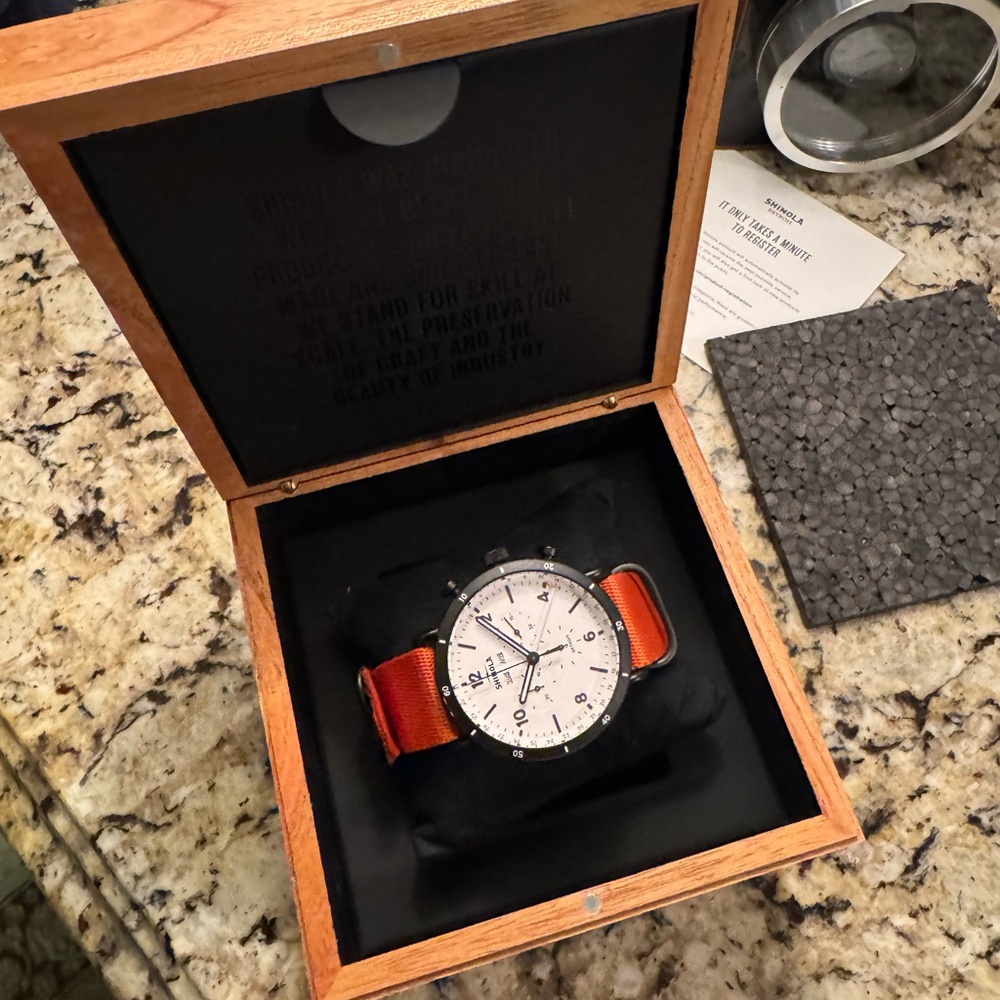 Shinola Chronograph Black Case Watch with White Dial and Orange Strap - Picture 3 of 4